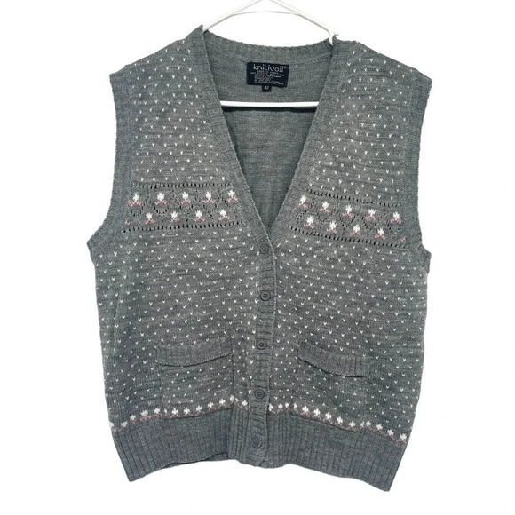 Vintage 80's Knit Sweater Vest KnitivoII Cardigan Size 42 Gray Made in Korea - Picture 2 of 12